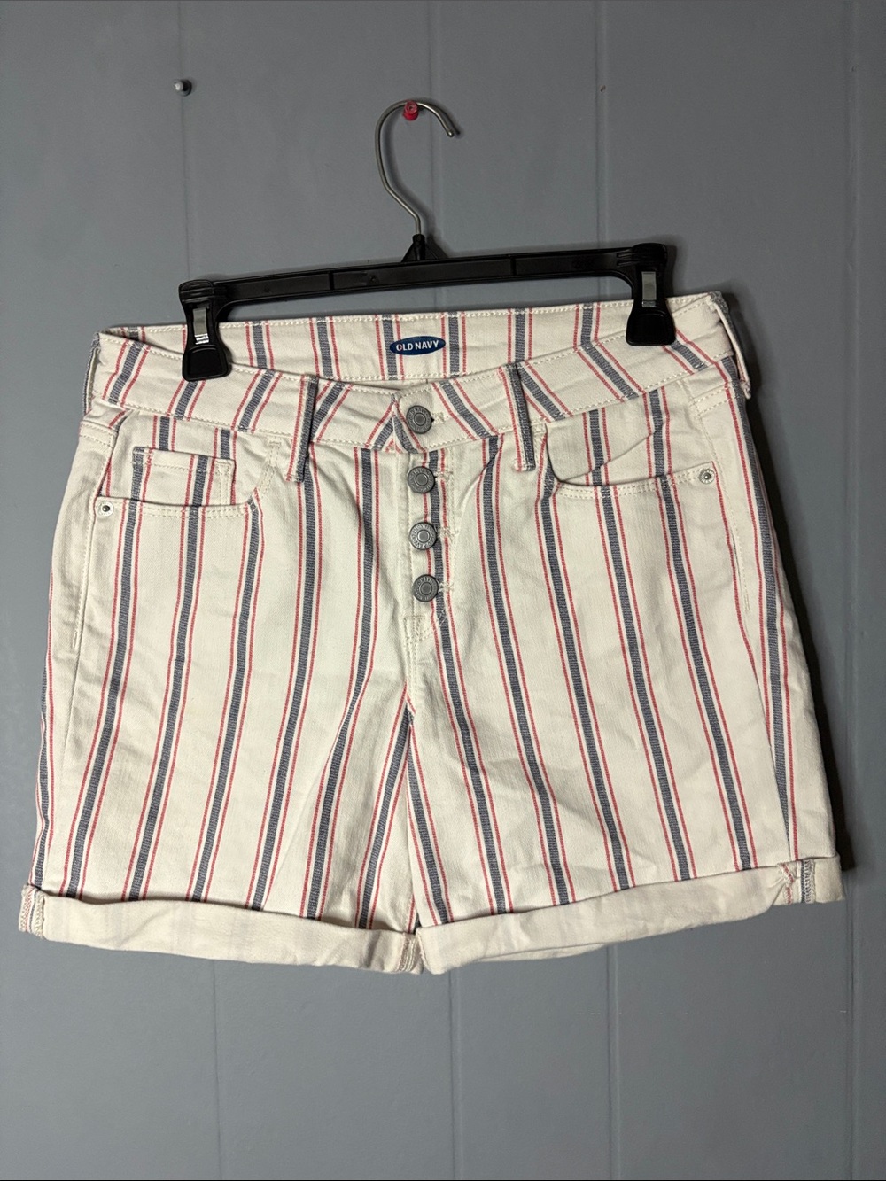 Old Navy White Jean Shorts with Red & Blue Stripes